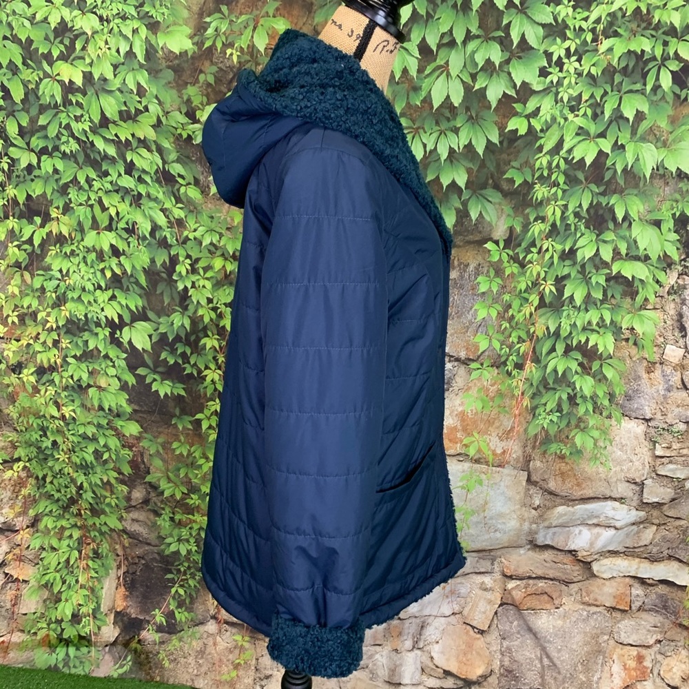 NWT HALOGEN Blue Hooded Sherpa Style Reversible Coat, S - Picture 10 of 16